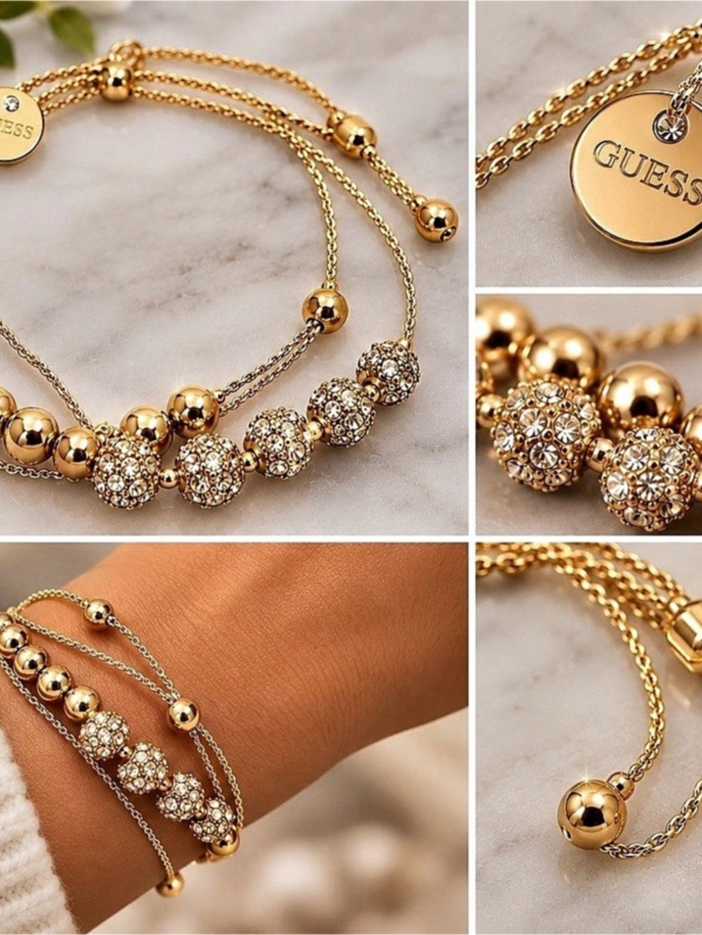 NWT GUESS Pavé Beaded Double-Row Slider Bracelet Gold